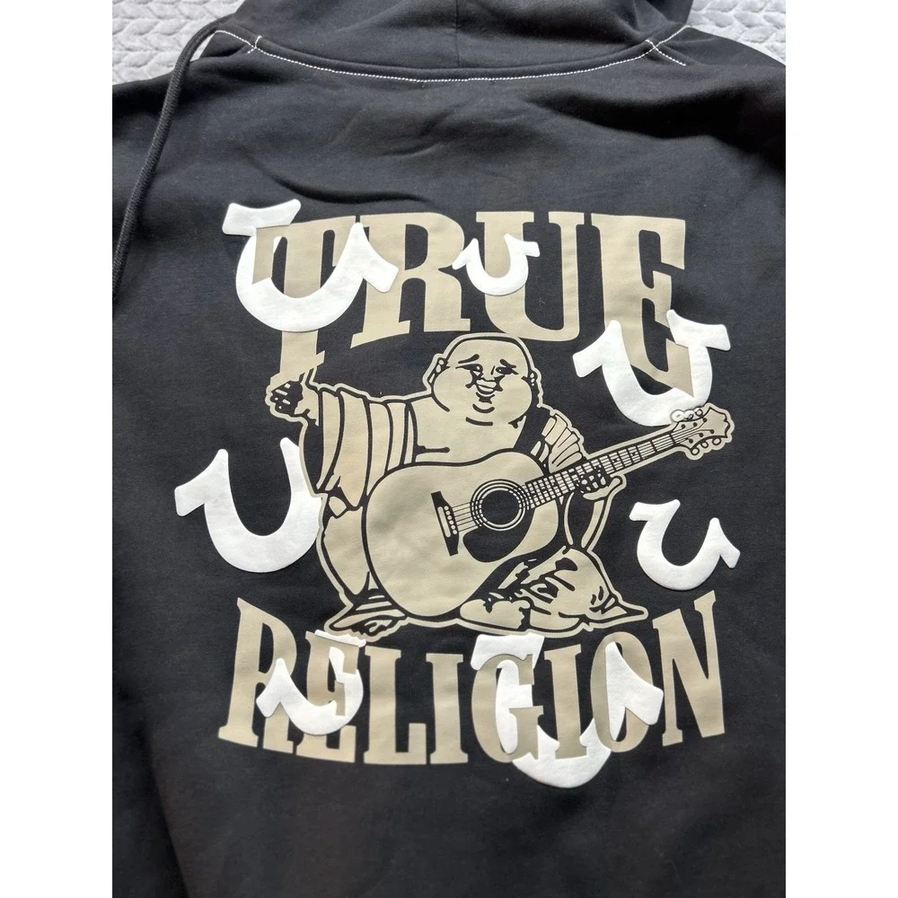 True Religion Hoodie Mens 3XL Black Buddha Graphic Full Zip Logo Sweatshirt